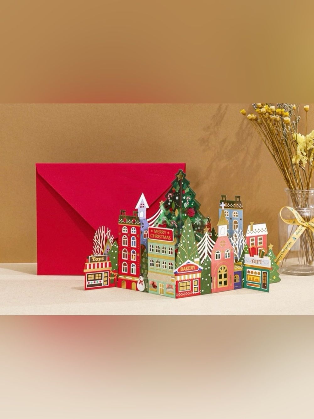 Holiday Village Pop-Up Card - Green and Red Christmas Scene